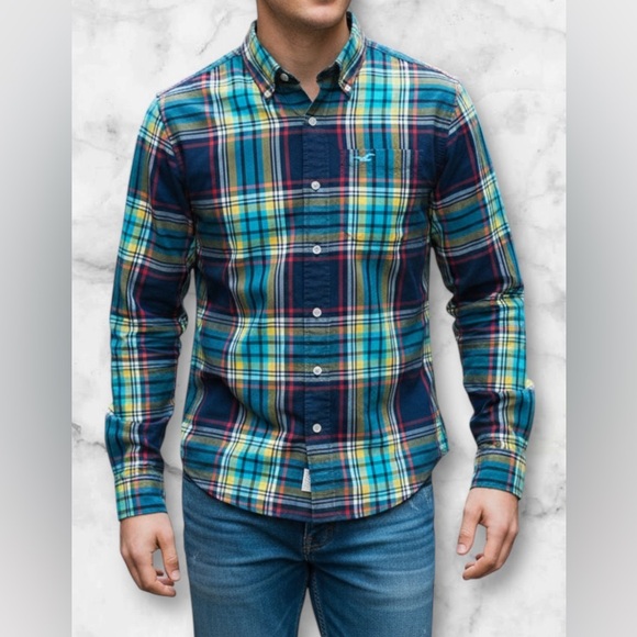 Hollister Long Sleeve Plaid Button Down Shirt Teal Seagull Logo Pocket Size XL - Picture 2 of 11